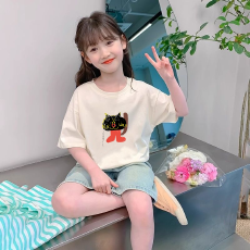 纯棉女童洋气短袖T恤夏装新款百搭圆领印花休闲百搭上衣