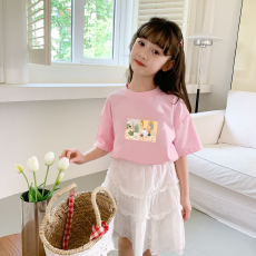 纯棉女童洋气短袖T恤夏装新款百搭圆领印花休闲百搭上衣