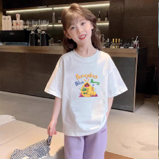 纯棉女童洋气短袖T恤夏装新款百搭圆领印花休闲百搭上衣
