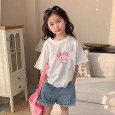 批发纯棉女童洋气短袖T恤夏装新款百搭圆领印花休闲百搭上衣