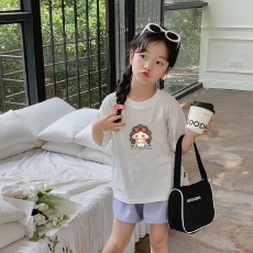 批发纯棉女童洋气短袖T恤夏装新款百搭圆领印花休闲百搭上衣
