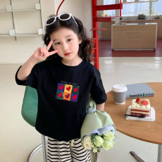 批发纯棉女童洋气短袖T恤夏装新款百搭圆领印花休闲百搭上衣