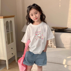 批发纯棉女童洋气短袖T恤夏装新款百搭圆领印花休闲百搭上衣