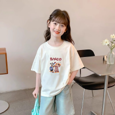 批发纯棉女童洋气短袖T恤夏装新款百搭圆领印花休闲百搭上衣