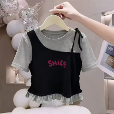 批发【纯棉】韩版女童荷叶花边夏季短袖T恤儿童假两件洋气收腰T恤