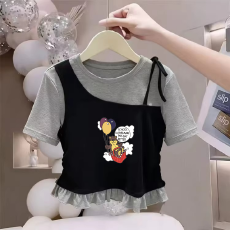 批发纯棉韩版女童荷叶花边夏季短袖T恤儿童假两件洋气收腰T恤