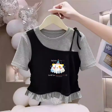 批发纯棉韩版女童荷叶花边夏季短袖T恤儿童假两件洋气收腰T恤