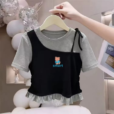 批发纯棉韩版女童荷叶花边夏季短袖T恤儿童假两件洋气收腰T恤