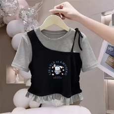 批发纯棉韩版女童荷叶花边夏季短袖T恤儿童假两件洋气收腰T恤