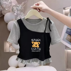 批发纯棉韩版女童荷叶花边夏季短袖T恤儿童假两件洋气收腰T恤