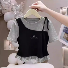 批发纯棉韩版女童荷叶花边夏季短袖T恤儿童假两件洋气收腰T恤