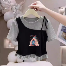 批发纯棉韩版女童荷叶花边夏季短袖T恤儿童假两件洋气收腰T恤