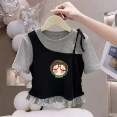 批发纯棉韩版女童荷叶花边夏季短袖T恤儿童假两件洋气收腰T恤