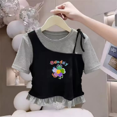 批发纯棉韩版女童荷叶花边夏季短袖T恤儿童假两件洋气收腰T恤