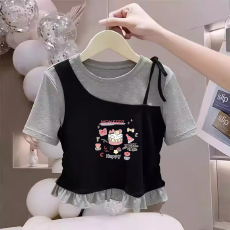 批发纯棉韩版女童荷叶花边夏季短袖T恤儿童假两件洋气收腰T恤