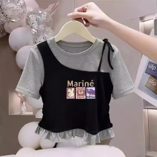 批发纯棉韩版女童荷叶花边夏季短袖T恤儿童假两件洋气收腰T恤