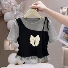 批发纯棉韩版女童荷叶花边夏季短袖T恤儿童假两件洋气收腰T恤