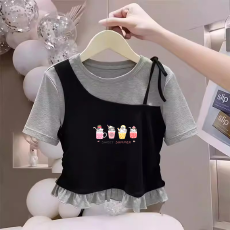 批发纯棉韩版女童荷叶花边夏季短袖T恤儿童假两件洋气收腰T恤