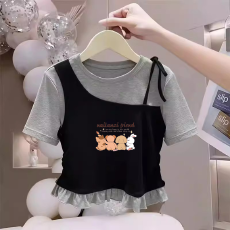 批发纯棉韩版女童荷叶花边夏季短袖T恤儿童假两件洋气收腰T恤