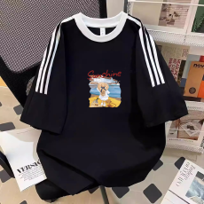 批发纯棉夏季新款中大童女童短袖T恤印花休闲圆领三条杠上衣