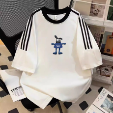 批发纯棉夏季新款中大童女童短袖T恤印花休闲圆领三条杠上衣