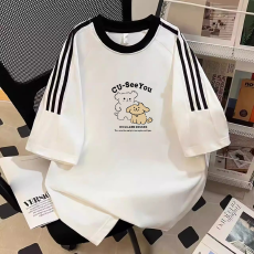 批发纯棉夏季新款中大童女童短袖T恤印花休闲圆领三条杠上衣