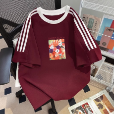 批发纯棉夏季新款中大童女童短袖T恤印花休闲圆领三条杠上衣