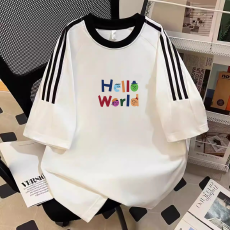 批发纯棉夏季新款中大童女童短袖T恤印花休闲圆领三条杠上衣