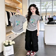 1*1纯棉高弹力女童蕾丝花边短袖t恤夏季新款儿童褶皱收腰T恤