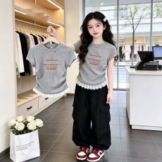 1*1纯棉高弹力女童蕾丝花边短袖t恤夏季新款儿童褶皱收腰T恤