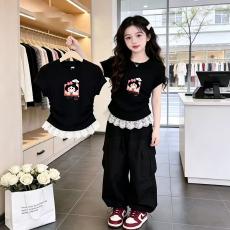 1*1纯棉高弹力女童蕾丝花边短袖t恤夏季新款儿童褶皱收腰T恤