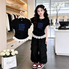 1*1纯棉高弹力女童蕾丝花边短袖t恤夏季新款儿童褶皱收腰T恤