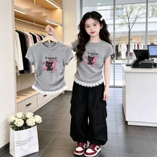 1*1纯棉高弹力女童蕾丝花边短袖t恤夏季新款儿童褶皱收腰T恤