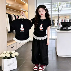 1*1纯棉高弹力女童蕾丝花边短袖t恤夏季新款儿童褶皱收腰T恤