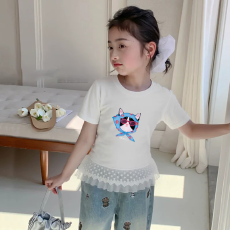纯棉女童双蕾丝花边卡通印花T恤夏季新款中大童设计感上衣