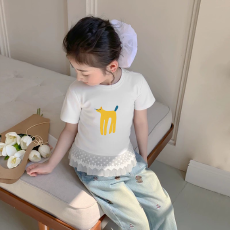 纯棉女童双蕾丝花边卡通印花T恤夏季新款中大童设计感上衣