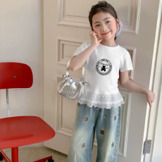 纯棉女童双蕾丝花边卡通印花T恤夏季新款中大童设计感上衣
