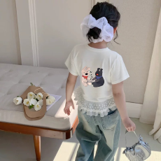 纯棉女童双蕾丝花边卡通印花T恤夏季新款中大童设计感上衣