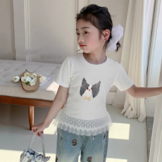 纯棉女童双蕾丝花边卡通印花T恤夏季新款中大童设计感上衣