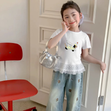 纯棉女童双蕾丝花边卡通印花T恤夏季新款中大童设计感上衣
