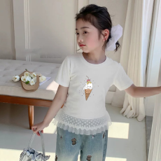纯棉女童双蕾丝花边卡通印花T恤夏季新款中大童设计感上衣