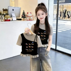 女童韩版荷叶花边夏季新款短袖T恤儿童假两件洋气收腰T恤