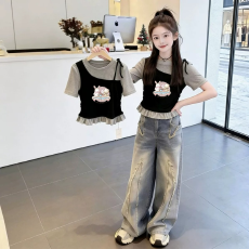 女童韩版荷叶花边夏季新款短袖T恤儿童假两件洋气收腰T恤