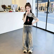 女童韩版荷叶花边夏季新款短袖T恤儿童假两件洋气收腰T恤