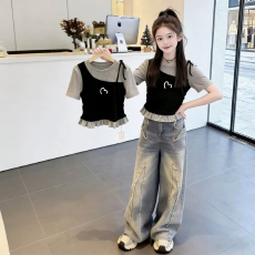 女童韩版荷叶花边夏季新款短袖T恤儿童假两件洋气收腰T恤