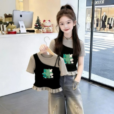 女童韩版荷叶花边夏季新款短袖T恤儿童假两件洋气收腰T恤