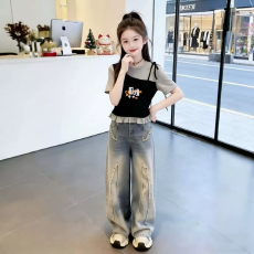 女童韩版荷叶花边夏季新款短袖T恤儿童假两件洋气收腰T恤