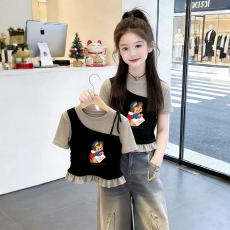 女童韩版荷叶花边夏季新款短袖T恤儿童假两件洋气收腰T恤