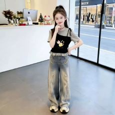 批发<b class='q'>女童</b><b class='q'>韩版</b>荷叶花边夏季新款短袖T恤儿童假两件洋气收腰T恤