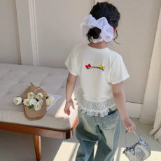 批发纯棉女童双蕾丝花边卡通印花T恤夏季新款中大童设计感上衣